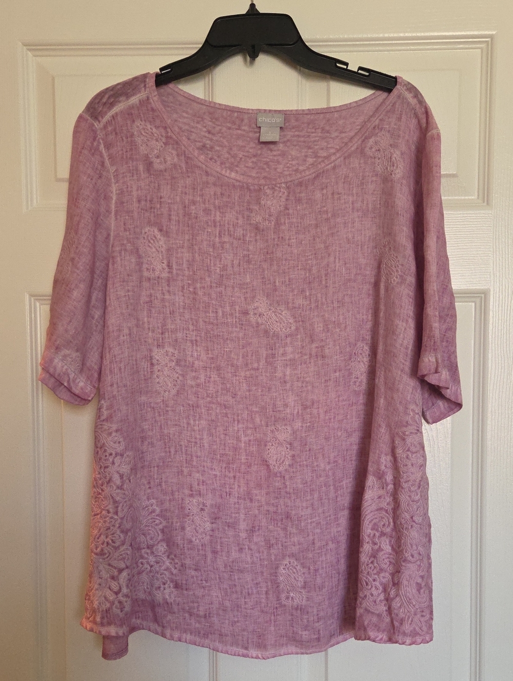 Chico's Linen Front Cotton Back Material Embroidered Top Lilac Xl 16-18
